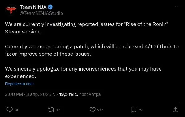 Team ninja извинилась за провальный запуск pc версии rise of the ronin — патч уже в пути